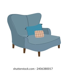 Cozy big comfortable blue armchair with wooden legs. Doodle flat vector illustration.