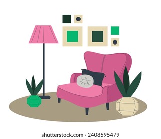 Cozy big comfortable blue armchair with wooden legs. Modern living room with furniture and curtains.  Doodle flat vector illustration.