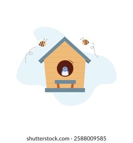 Cozy birdhouse with a tiny blue bird, with busy bees buzzing around. Isolated on white background. Springtime. Vector illustration