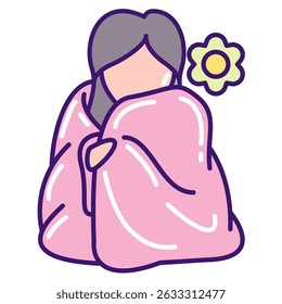 Ícone Aconchegante Blanket representado por uma mulher vestindo o estilo de cor linear do cobertor.