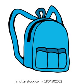Mochila azul acogedora sobre fondo blanco. Estilo Doodle. Imagen vectorial. 