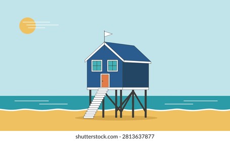 Cozy blue beach house on stilts with a white ladder on a sandy shore next to a calm blue sea under a bright sunny sky.