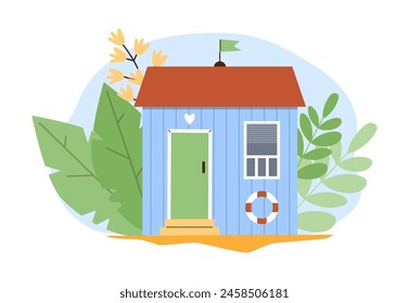 Una acogedora cabaña de playa azul con una decoración salvavidas, rodeada de vegetación. Ilustración vectorial ideal para un ambiente relajado en la costa.