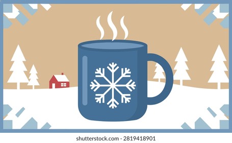 Cozy blue ceramic mug decorated with a large white snowflake and emitting steam in a snowy winter landscape with a small red house and trees.