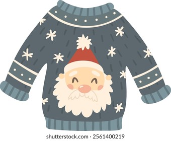 Cozy blue Christmas sweater featuring a cheerful Santa Claus design, adorned with snowflakes and festive details, perfect for celebrating the holiday season in style