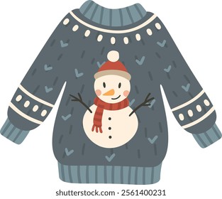 Cozy blue Christmas sweater featuring a cheerful snowman design, perfect for adding a touch of festive charm to winter celebrations and holiday gatherings