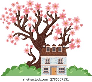 Cozy blue house surrounded by green bushes beneath a large blooming cherry blossom tree. Decorative spring illustration with pink flowers and natural elements. Perfect for greeting cards, children's projects, home decor, book illustrations, and seasonal designs