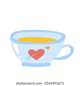 Cozy blue mug with heart design filled with warm tea.