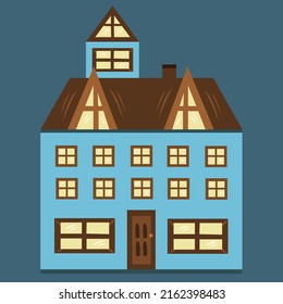 Casa de paredes azul acogedora de arte vectorial plano. Acogedora y acogedora ilustración vectorial de la casa de paredes azul para diseño gráfico y elemento decorativo