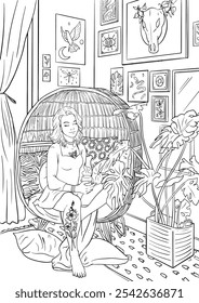 A cozy bohemian interior with a woman relaxing in a large wicker chair, surrounded by pillows, plants, and mystical wall art. Calm and inviting, perfect for coloring.