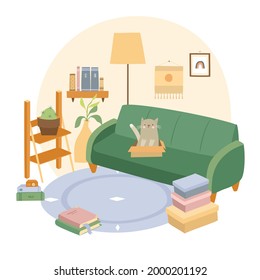 Cozy bohemian-style interior. Living room with books. Boho furniture. Cat in a box. Stay at home