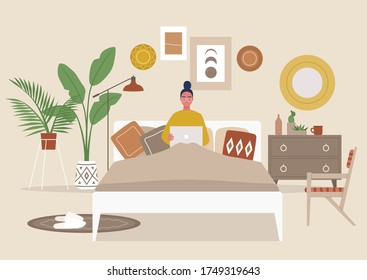 Cozy boho bedroom interior, young female character lying in bed with a laptop, flat editable vector illustration