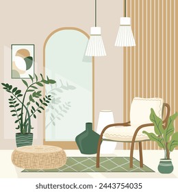 Cozy boho style design interior with a stylish combination of trendy earth tones. Personal eco space concept in Scandinavian Style with rattan pouffe mirror modern chair and plants Vector illustration