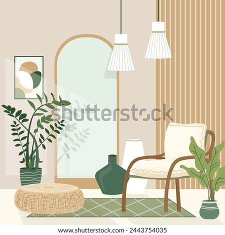 Cozy boho style design interior with a stylish combination of trendy earth tones. Personal eco space concept in Scandinavian Style with rattan pouffe mirror modern chair and plants Vector illustration