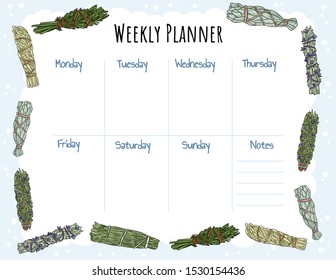 Cozy boho weekly planner and to do list with smudge sticks ornament. Cute template for agenda, planners, check lists, and other stationery