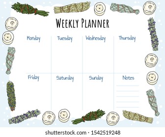 Cozy boho weekly planner and to do list with smudge sticks ornament. Cute template for agenda, planners, check lists, and other stationery