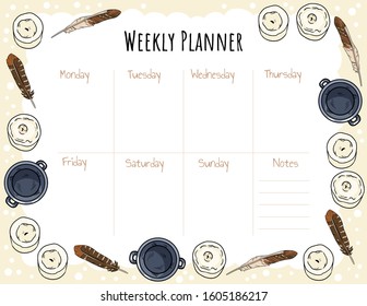 Cozy boho weekly planner and to do list with candles, feathers and cauldrons ornament. Cute template for agenda, planners, check lists. Stationary mockup