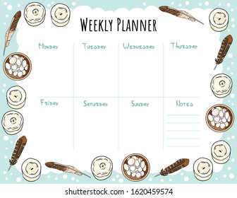 Cozy boho weekly planner and to do list with candles, feathers and pebble ornament. Cute template for agenda, planners, check lists. Stationary mockup