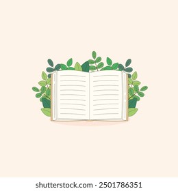 cozy book and green plants, vector illustration