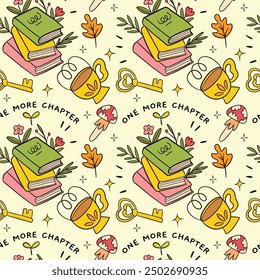 Cozy Book Lover's Seamless Pattern with Books, Tea, and Autumn Elements