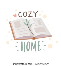Cozy book  Open book and bookmark in the form green twig  comfort home symbolism  knowledge pursuit  Vector concept