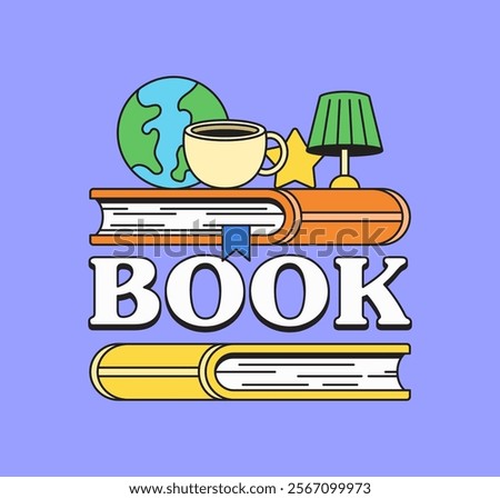 Cozy book stack with reading accessories and coffee perfect for for educational materials, library promotions in cartoon illustration