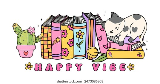 Gemütliches Buch Vibe Retro Groovy Cat schlafen auf Büchern Banner lebendige und kühne Cartoon Doodle Zeichnung.