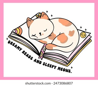 Cozy Book Vibe Retro Groovy Cat calico sleeping on book, vibrant and bold cartoon doodle drawing.