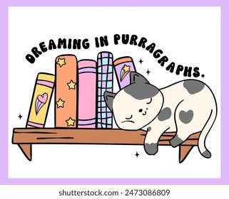 Cozy Book Vibe Retro Groovy Cat sleeping on bookshelf, vibrant and bold cartoon doodle drawing.