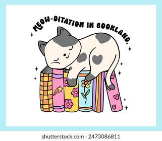 Cozy Book Vibe Retro Groovy Cat sleeping on stack books, vibrant and bold cartoon doodle drawing.