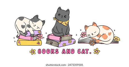 Cozy Book Vibe Retro Groovy books and cat banner vibrant and bold cartoon doodle drawing.