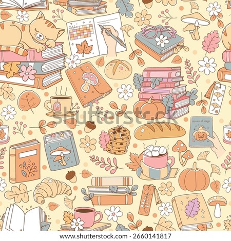 Cozy Bookish Pattern, Autumn Trendy Bookish Elements Seamless Pattern Isolated Hand Drawn Design for Fabric Digital paper Vector