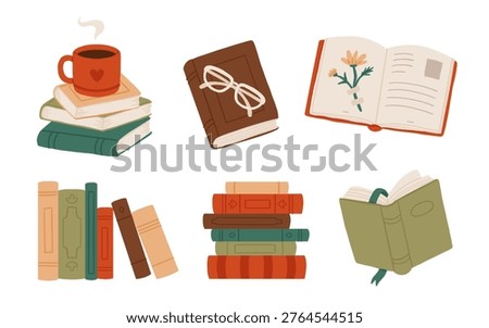Cozy books collection flat illustration, stack with coffee cup, open book with flowers, vintage reading set isolated on white