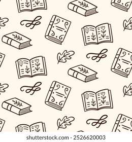 Cozy Books Reading Doodle Sketch Icons Seamless Pattern Background. Farm House Fall Design Elements Fabric Print Vector Illustration Vintage Retro Style