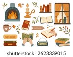 Cozy bookshop set in flat graphic design. Collection isolated elements of books, fireplace, candle, bookshelf, window, tea cup, welcome and open banners, reading, flowers, other. Vector illustration.