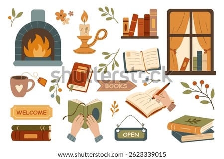 Cozy bookshop set in flat graphic design. Collection isolated elements of books, fireplace, candle, bookshelf, window, tea cup, welcome and open banners, reading, flowers, other. Vector illustration.