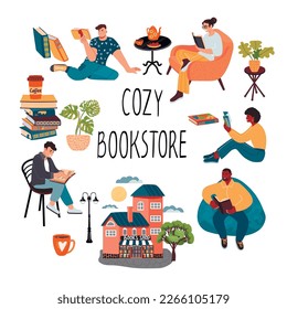 Cozy bookstore banner template with readers.Cartoon characters with storybooks,building,plants, stack of books,armchair,bean bag,coffee and hand written text.Flat style illustration isolated on white.