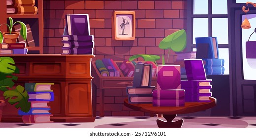 Cozy bookstore interior. Vector cartoon illustration of room with paper books, piles of literature and textbooks on vintage wooden shelf and table, green plants, picture frame on wall, retro doorbell