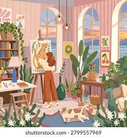 Cozy Botanical Art Studio Interior with Female Painter and Sunset View