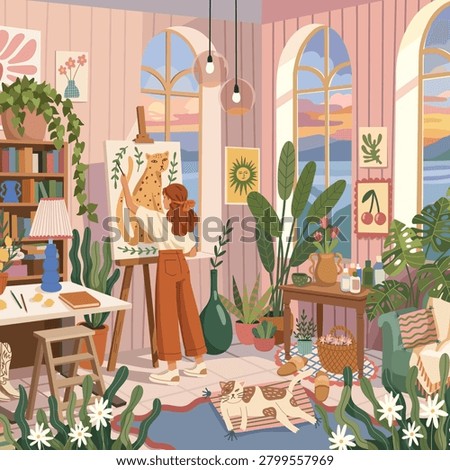 Cozy Botanical Art Studio Interior with Female Painter and Sunset View