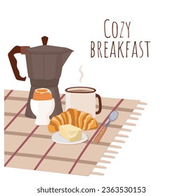 Cozy breakfast. Coffee pot, coffee, croissant, butter and boiled egg in a stand on the tablecloth. Vector illustration.
