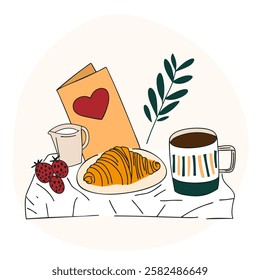 Cozy breakfast with a croissant, coffee and a love-themed greeting card. For romantic mornings and special occasions.