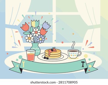 Cozy breakfast table with a stack of pancakes, coffee, juice, and a vibrant flower bouquet positioned next to a sunny window.