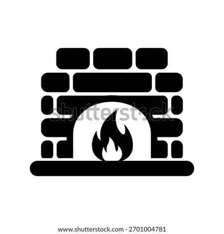 Cozy brick fireplace with burning flame icon: Home interior element silhouette for comfort, winter, christmas, or house decoration.