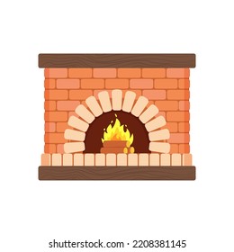 Cozy Brick Fireplace, Wood Fire, Heating Device. Vector Illustration In Flat Cartoon Style