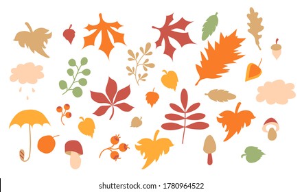 Cozy bright autumn. Vector set of autumn drawings. Colored various leaves and branches, acorns and mushrooms, an umbrella and a cloud with rain. All drawings are isolated on a white background.