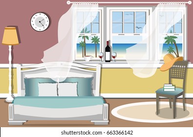 Cozy bright bedroom interior design with large window and sea view. Comfortable furniture - chair and wide bed. Flat style vector illustration.