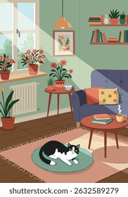A cozy and bright living room interior with a black and white cat lying on a rug. The room features houseplants, bookshelves, a sofa, coffee table with books and tea, and sunlight streaming through th