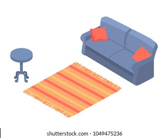 Cozy bright room interior colorful vector template isolated on white backdrop, sofa with pillows,small round table,striped carpet, interior elements