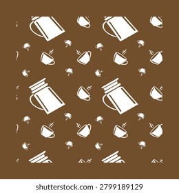  Cozy brown and white repeating pattern with coffee cup illustrations. Best for rustic restaurant menus, textile prints, and artisanal packaging.